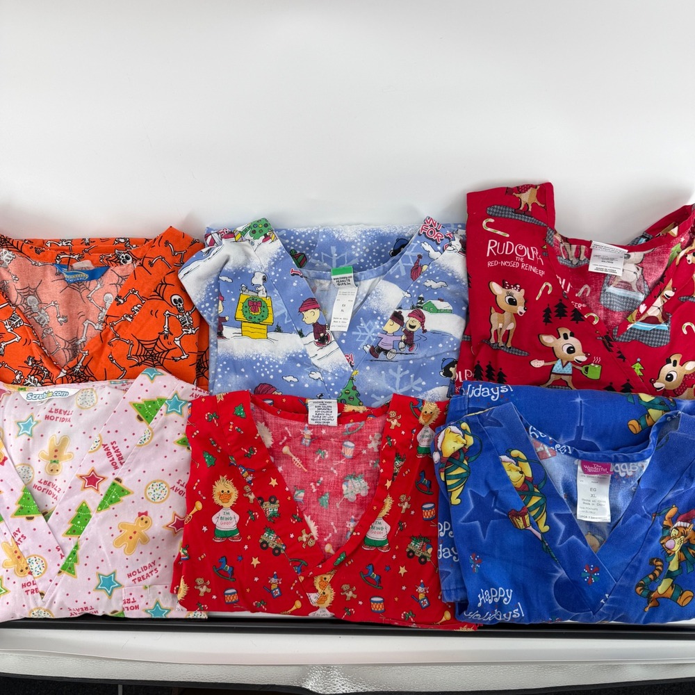 Lot of 6 Holiday Scrub Tops XL Christmas Halloween Peanuts Winnie Pooh Rudolph